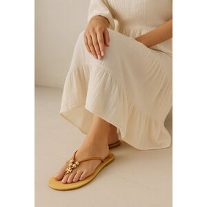 Tory Burch Women Leather Thong Sandals Gold Logo Beads Tan Flat Flip Flop Sze10M